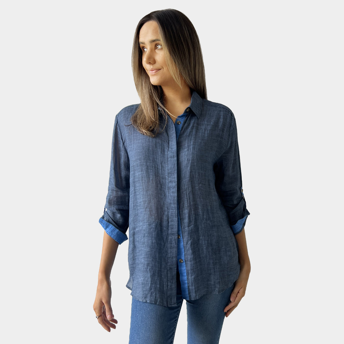 Am02468-1 Color Trim 100%linen Shirt – Amyic