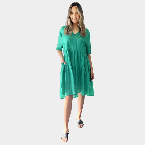 AM01128 SIDE POCKETS V NECK 100%LINEN DRESS