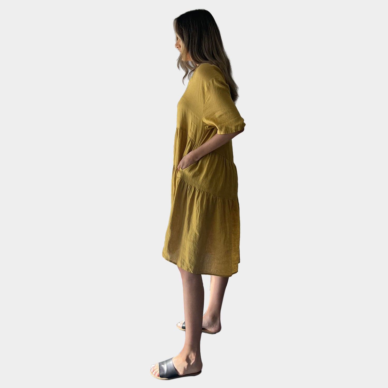 AM01128 SIDE POCKETS V NECK 100%LINEN DRESS