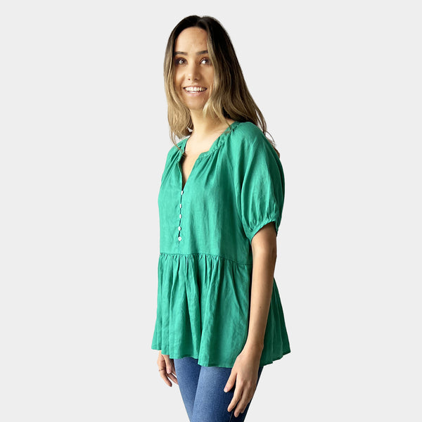 AM022169 100%LINEN BUTTON V NECK TOP