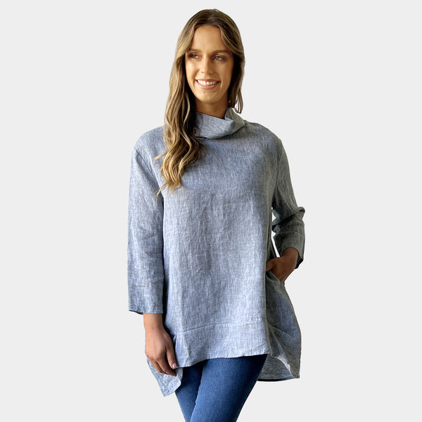 AM01283 MID NECK DEIGN LOOSE 100%LINEN TOP