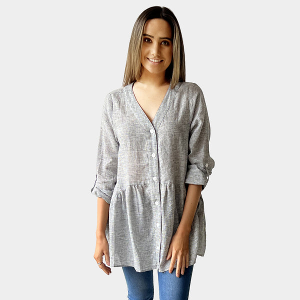 AM02484-1 100%LINEN GINGHAM CARDIGAN TOP