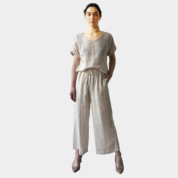 AM0223-1 SIDE POCKET GINGHAM 100%LINEN PANT