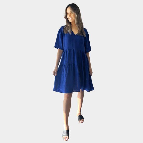 AM01128 SIDE POCKETS V NECK 100%LINEN DRESS