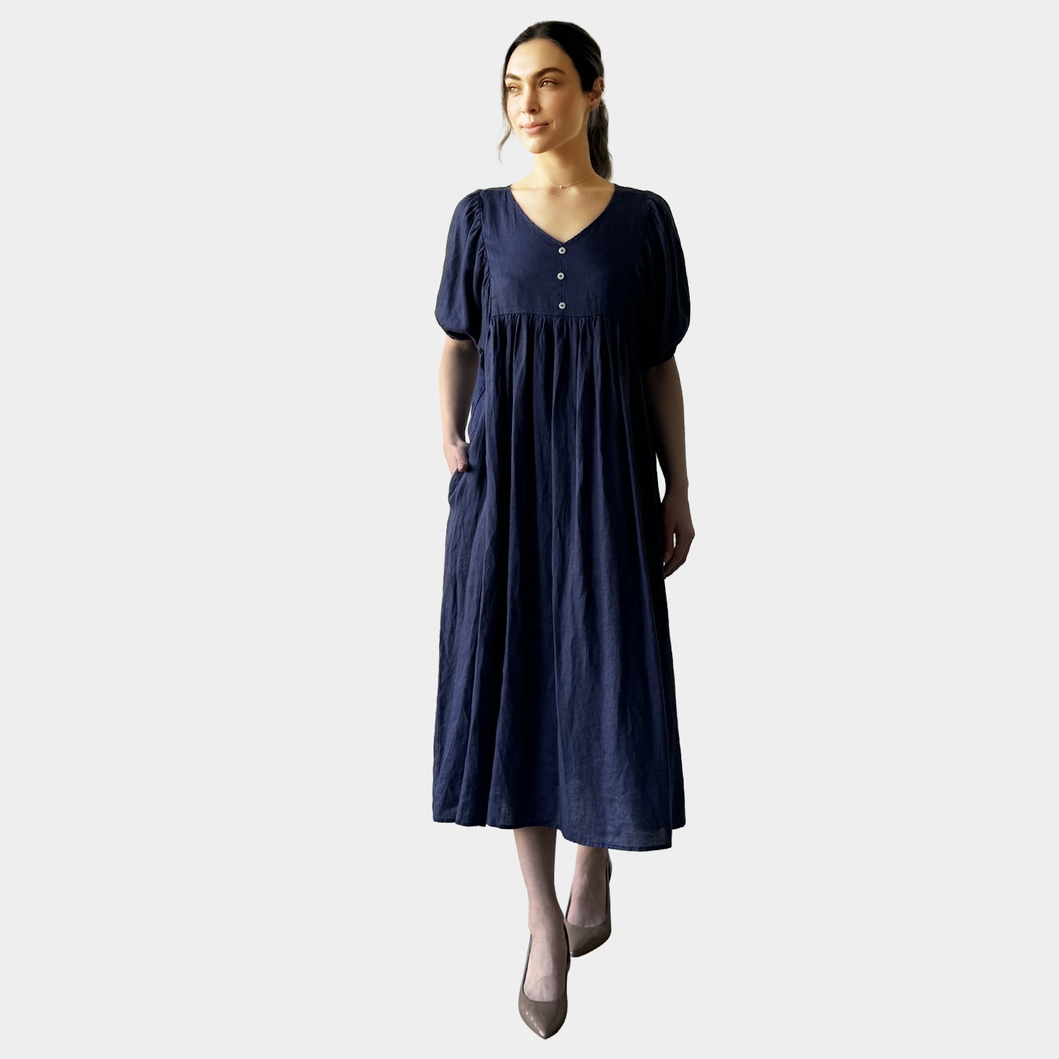 AM0221 SIDE POCKET  V NECK 100%LINEN DRESS