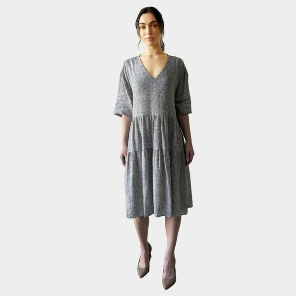 AM01128-2 V NECK GINGHAM 100%LINEN DRESS