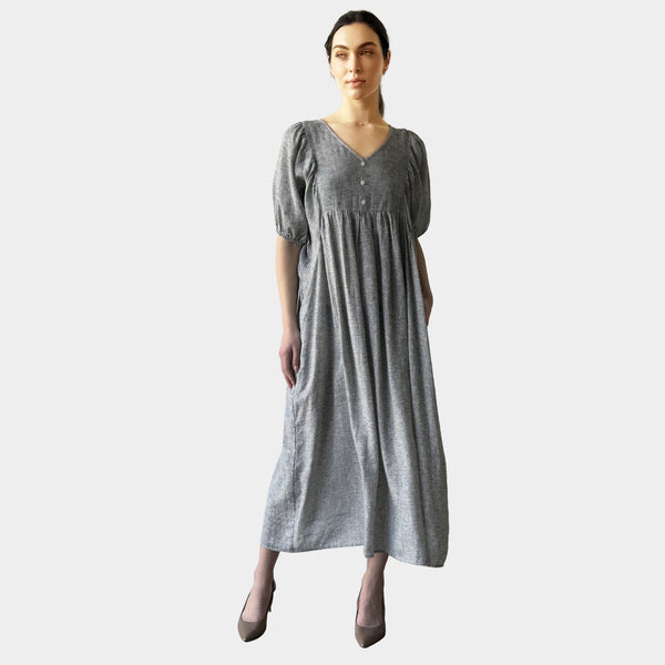 AM0221-1 GINGHAM 100%LINEN DRESS