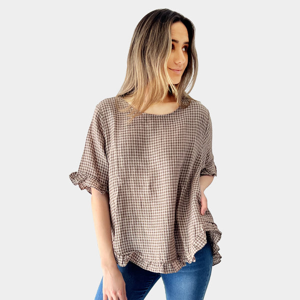 AM02497-1 100%LINEN GINGHAM TOP