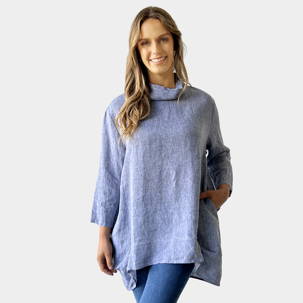 AM01283 MID NECK DEIGN LOOSE 100%LINEN TOP