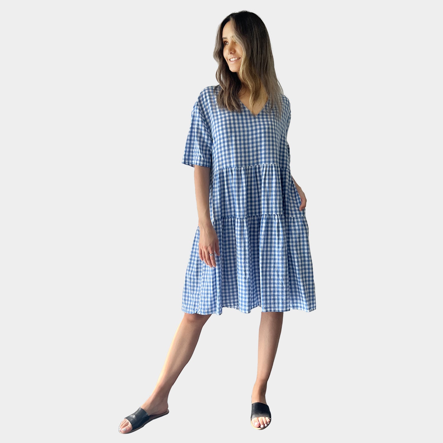 AM01128-1 V NECK SIDE POCKET LINEN DRESS