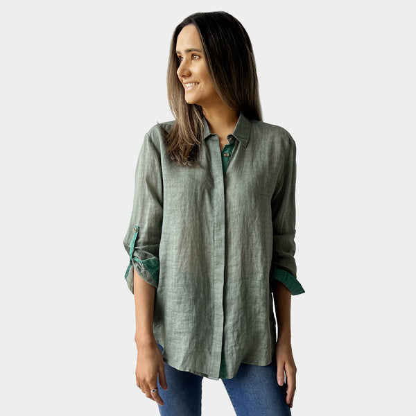 AM02468-1 COLOR TRIM 100%LINEN SHIRT