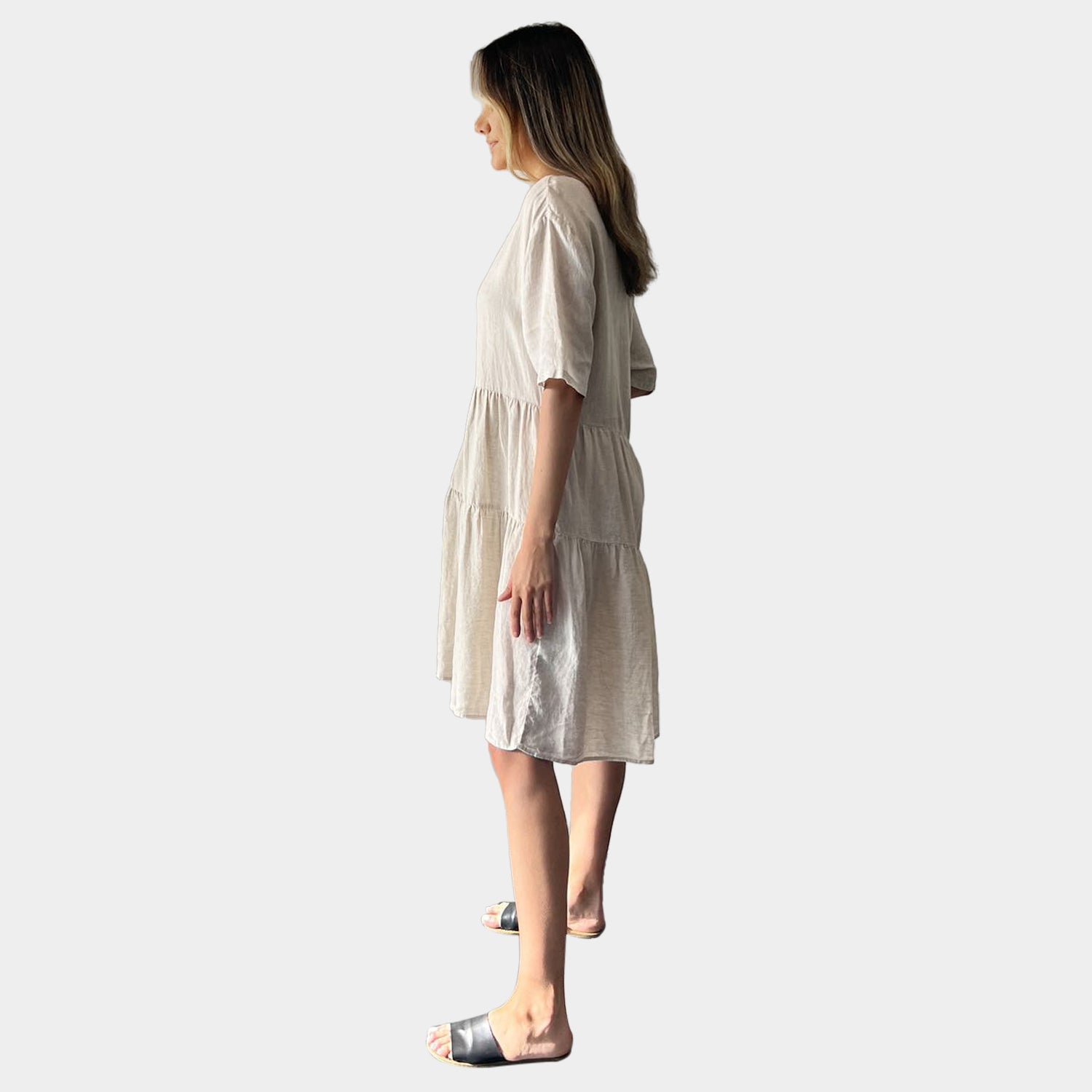 AM01128 SIDE POCKETS V NECK 100%LINEN DRESS