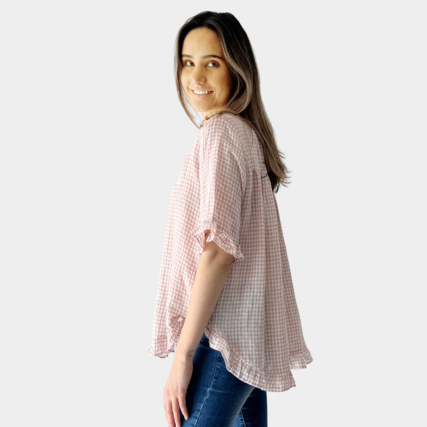 AM02497-1 100%LINEN GINGHAM TOP