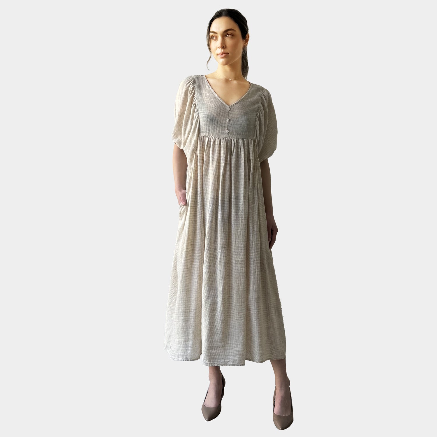 AM0221-1 GINGHAM 100%LINEN DRESS