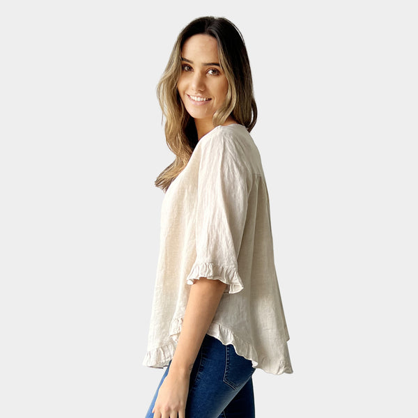 AM02496 100%LINEN SIDE POCKET TOP