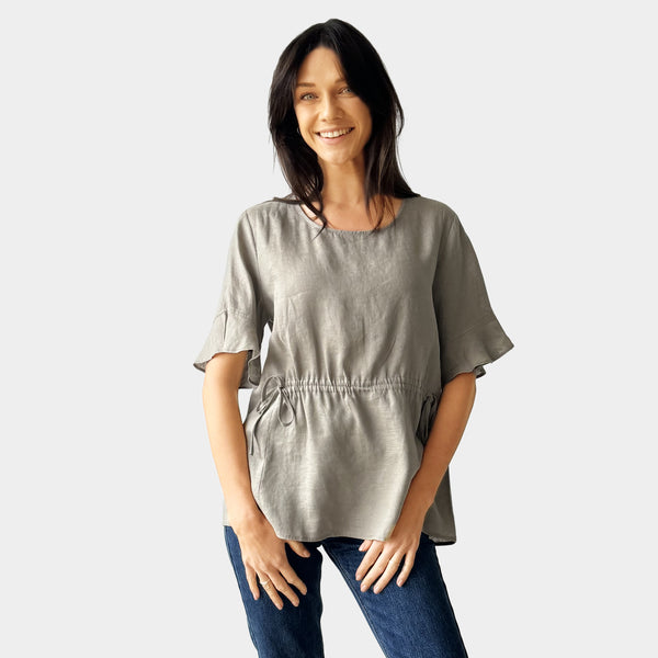 AM023012 FLEXIBLE WAIST 100%LINEN TOP