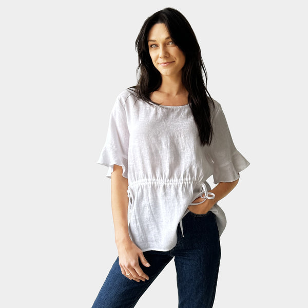 AM023012 FLEXIBLE WAIST 100%LINEN TOP