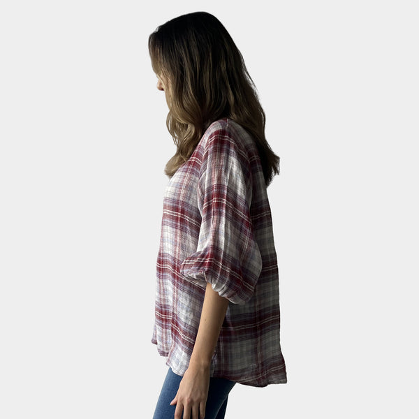 AM02390 100%LINEN GINGHAM TOP