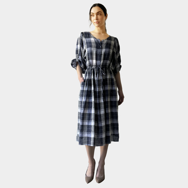 AM022178 CLASSIC GINGHAM 100%LINEN DRESS