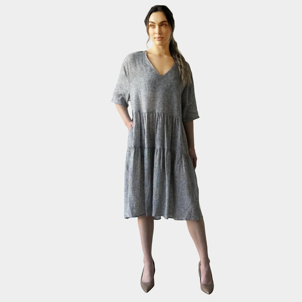 AM01128-2 V NECK GINGHAM 100%LINEN DRESS