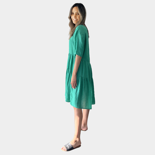 AM01128 SIDE POCKETS V NECK 100%LINEN DRESS