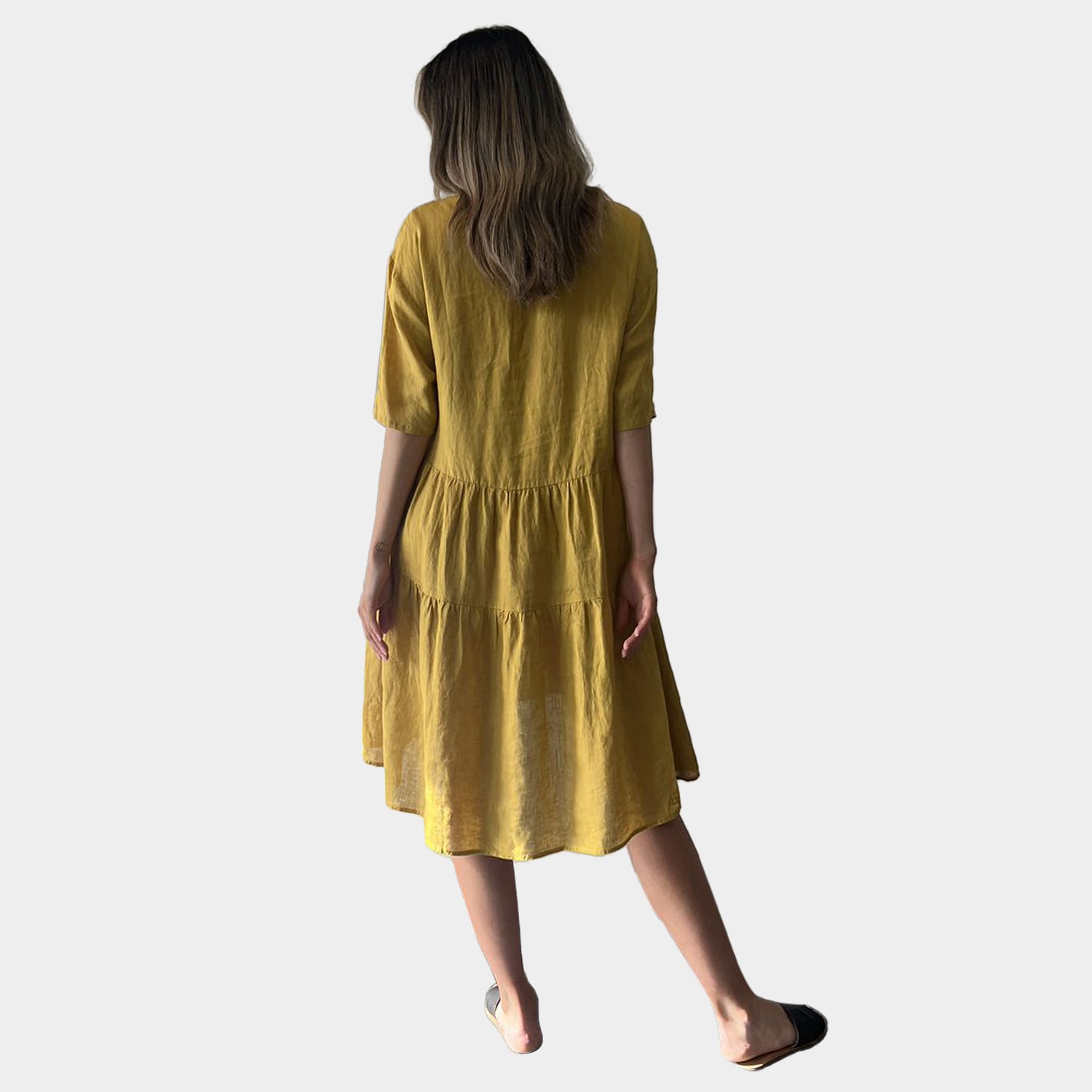 AM01128 SIDE POCKETS V NECK 100%LINEN DRESS