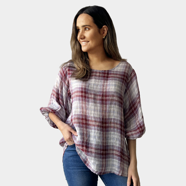 AM02390 100%LINEN GINGHAM TOP