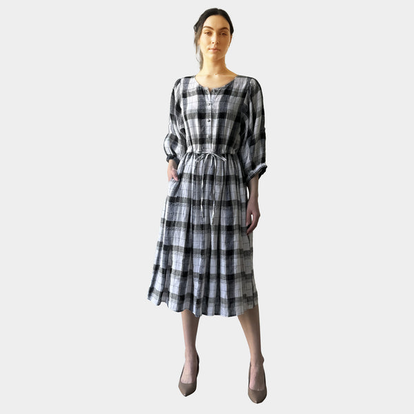 AM022178 CLASSIC GINGHAM 100%LINEN DRESS