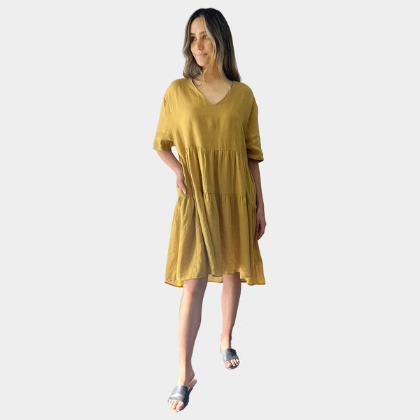 AM01128 SIDE POCKETS V NECK 100%LINEN DRESS