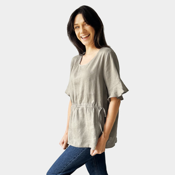 AM023012 FLEXIBLE WAIST 100%LINEN TOP