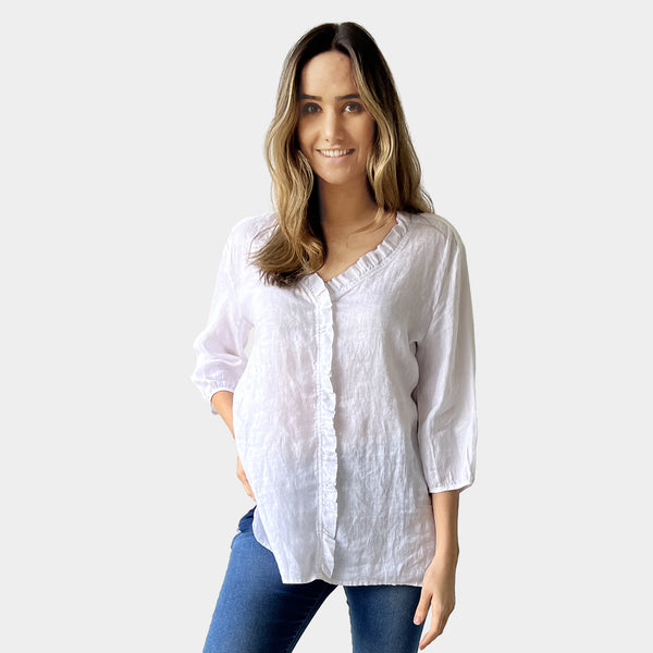 AM02479 100%LINEN V NECK TRIM TOP