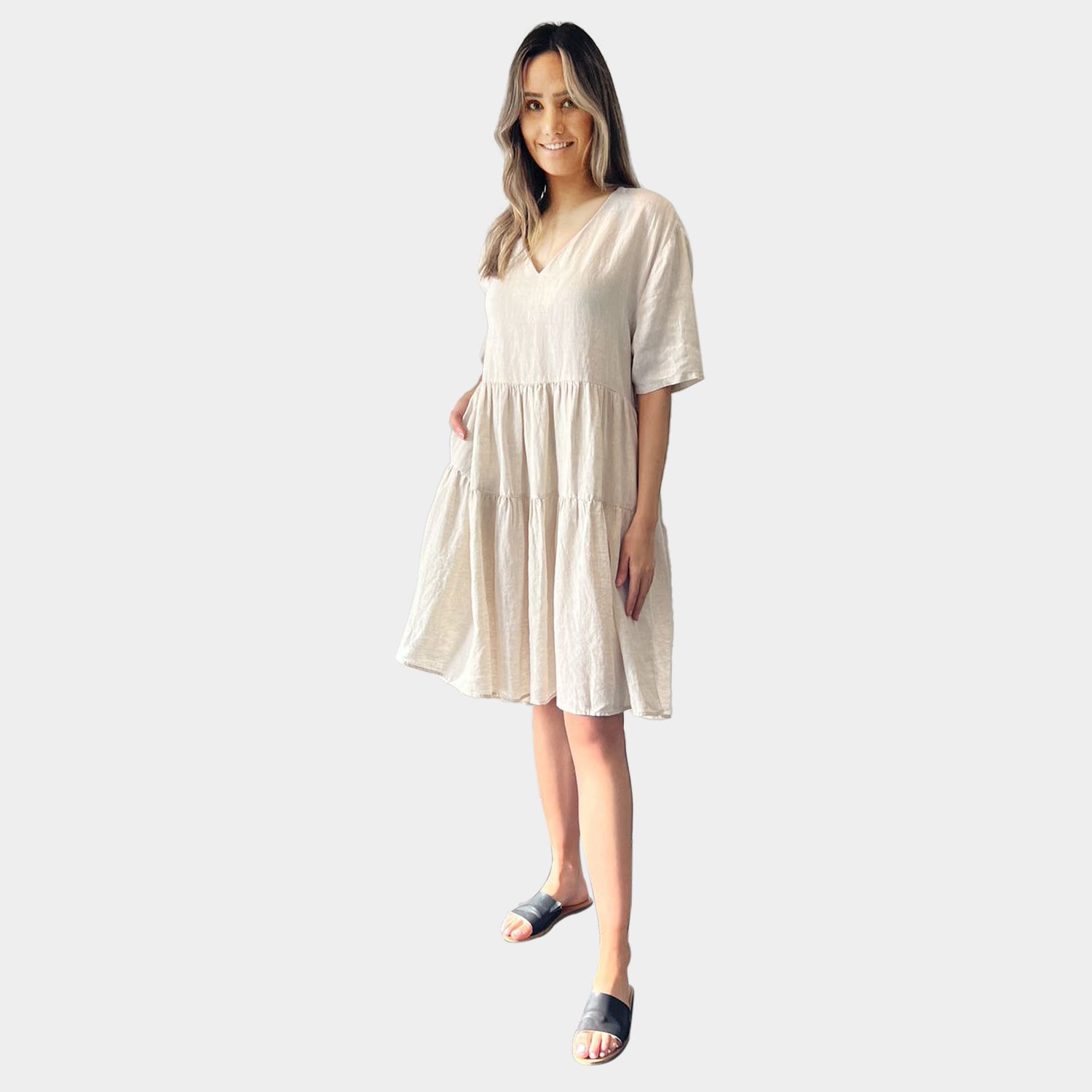 AM01128 SIDE POCKETS V NECK 100%LINEN DRESS