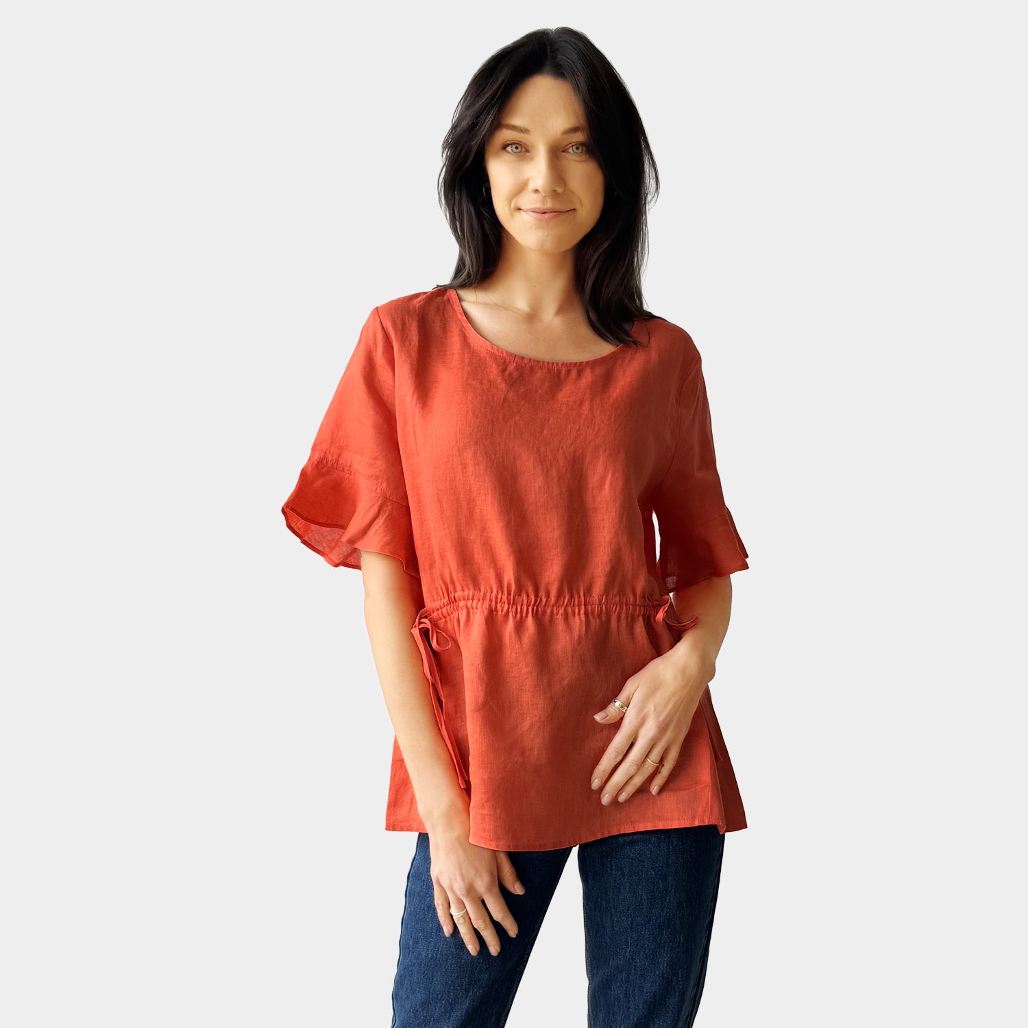 AM023012 FLEXIBLE WAIST 100%LINEN TOP