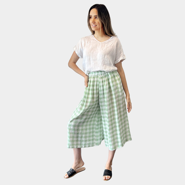 AM026100 GINGHAM 100%LINEN PANT