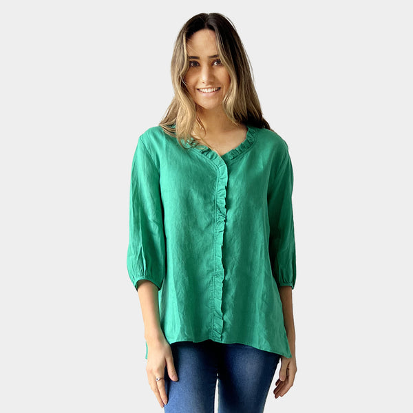 AM02479 100%LINEN V NECK TRIM TOP