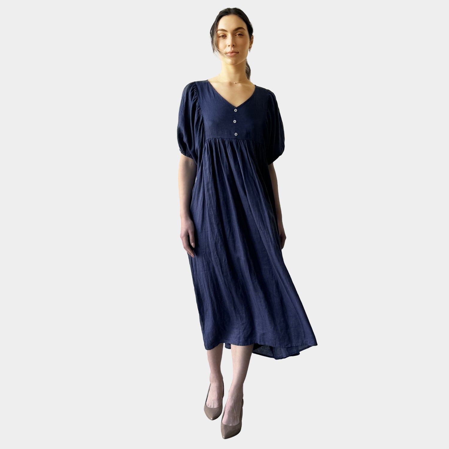 AM0221 SIDE POCKET  V NECK 100%LINEN DRESS