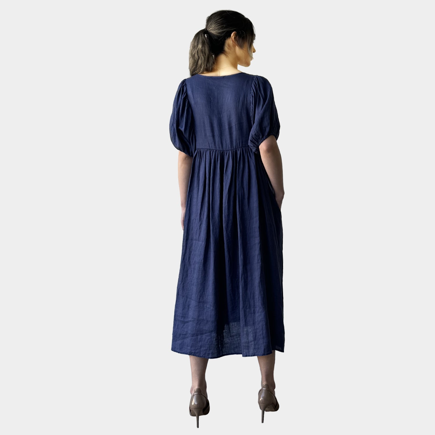 AM0221 SIDE POCKET  V NECK 100%LINEN DRESS