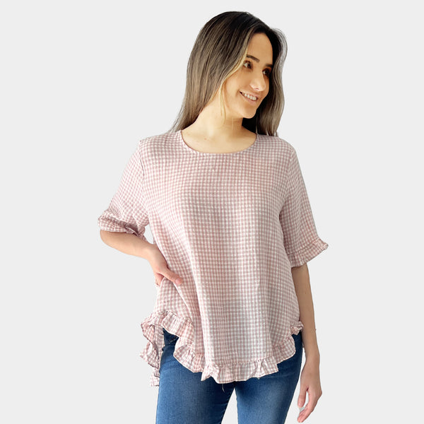 AM02497-1 100%LINEN GINGHAM TOP