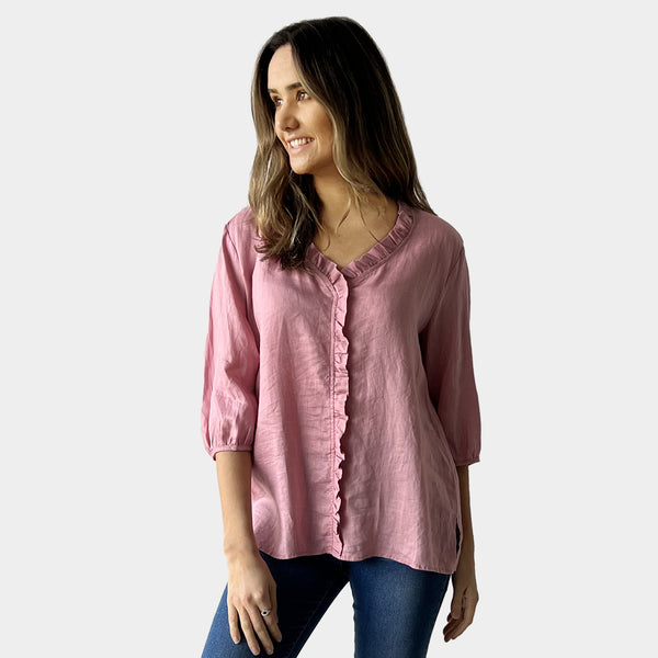 AM02479 100%LINEN V NECK TRIM TOP