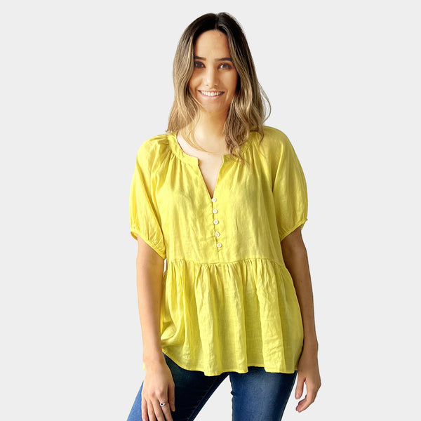 AM022169 100%LINEN BUTTON V NECK TOP