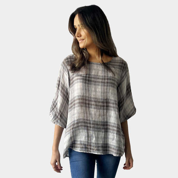 AM02390 100%LINEN GINGHAM TOP