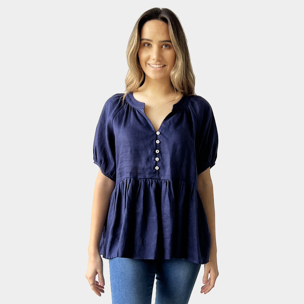 AM022169 100%LINEN BUTTON V NECK TOP