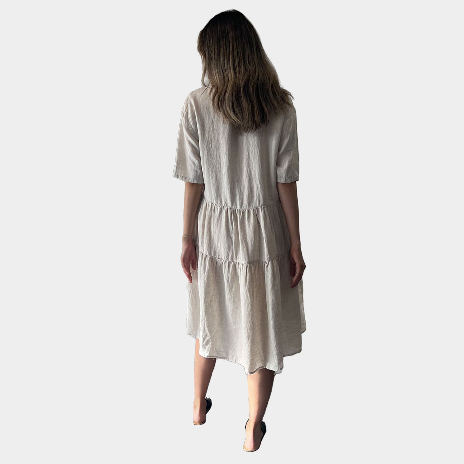 AM01128 SIDE POCKETS V NECK 100%LINEN DRESS