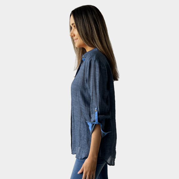 AM02468-1 COLOR TRIM 100%LINEN SHIRT