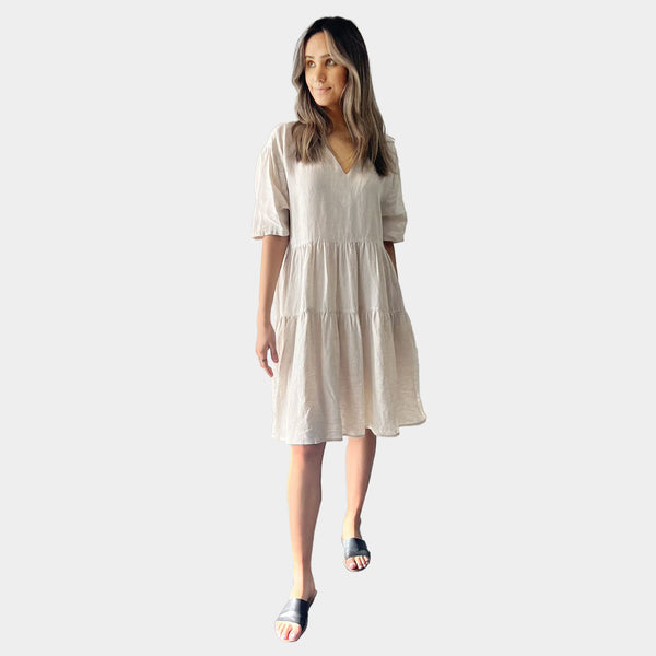 AM01128 SIDE POCKETS V NECK 100%LINEN DRESS