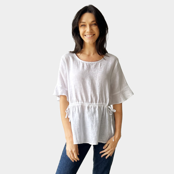 AM023012 FLEXIBLE WAIST 100%LINEN TOP