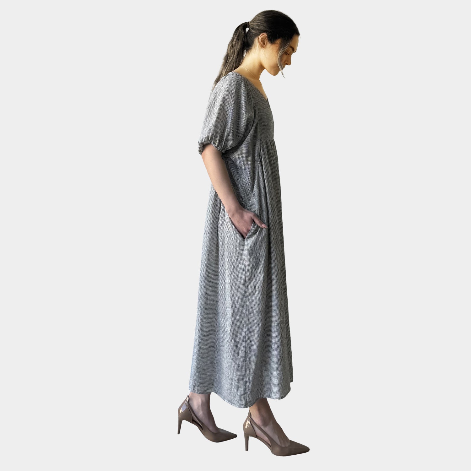 AM0221-1 GINGHAM 100%LINEN DRESS