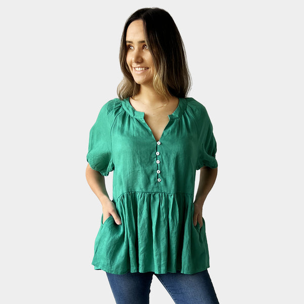 AM022169 100%LINEN BUTTON V NECK TOP