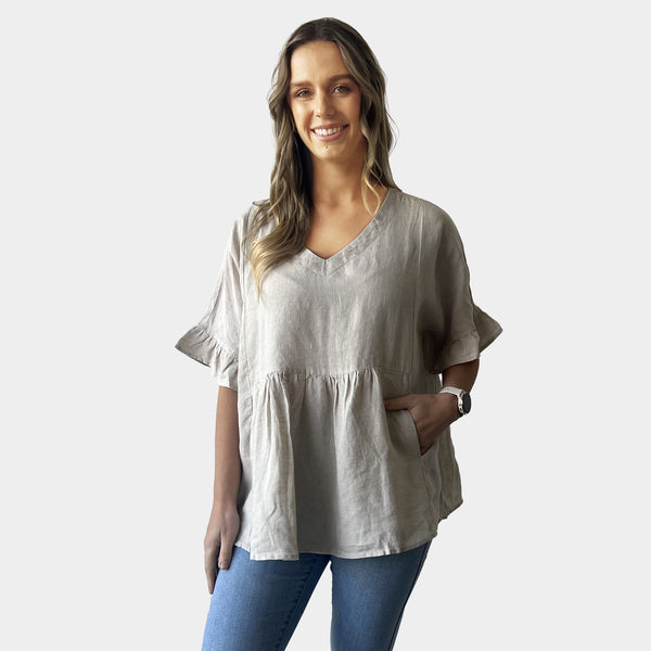 AM01191 V NECK SIDE POCKET 100%LINEN TOP