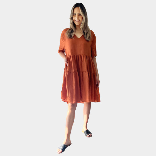 AM01128 SIDE POCKETS V NECK 100%LINEN DRESS